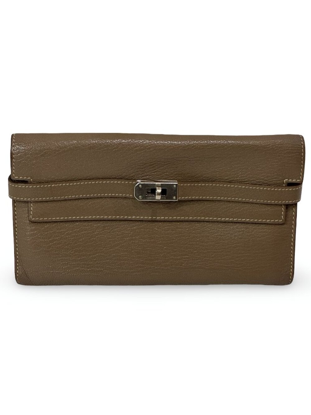 HERMES Kelly Classic Long Wallet Etoupe Taupe Palladium Turnlock Grained Leather